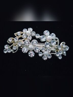 Crystal and Faux Pearl Floral Hair Clip - Silver Tone